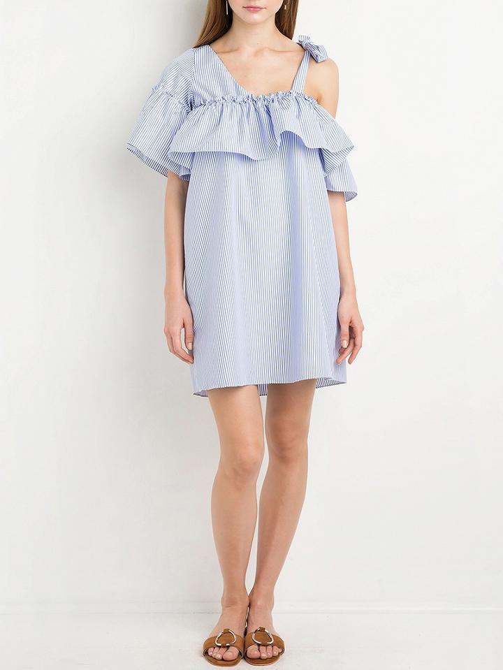 Choies Blue Stripe V-neck Stretch Ruffle Detail Cold Shoulder Mini Dress
