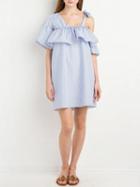 Choies Blue Stripe V-neck Stretch Ruffle Detail Cold Shoulder Mini Dress