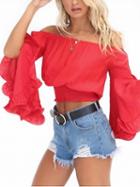 Choies Red Off Shoulder Ruffle Flared Sleeve Stretch Bottom Cropped Blouse