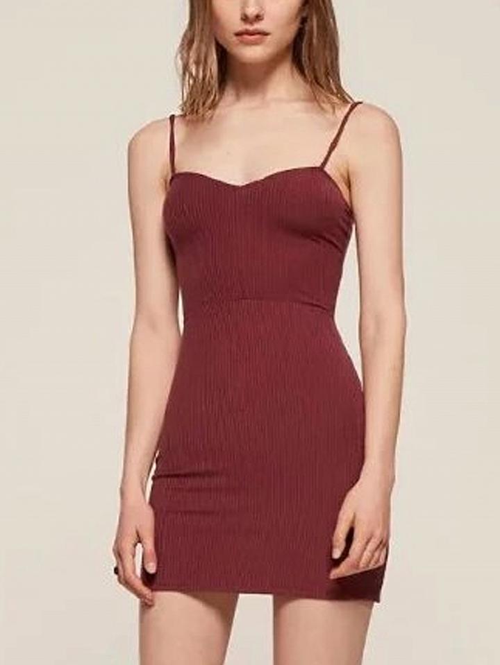 Choies Burgundy V-neck Spaghetti Strap Ribbed Bodycon Mini Dress