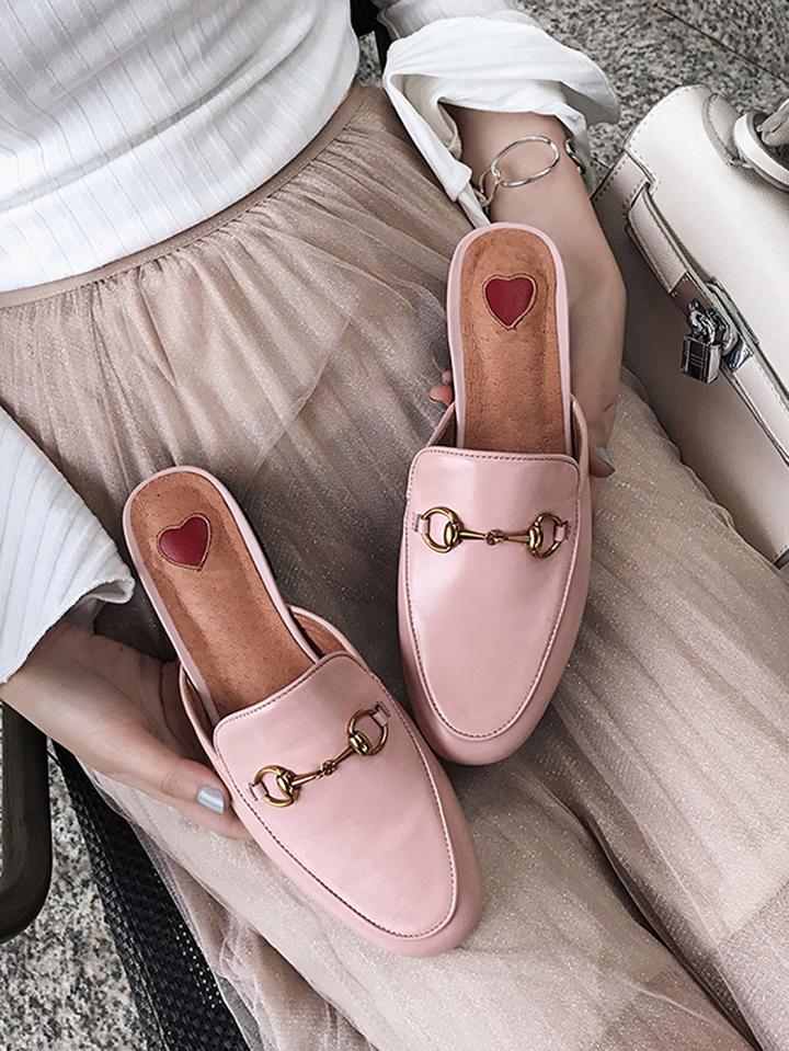Choies Pink Leather Look Metal Decoration Chic Women Flat Slipper Sandals