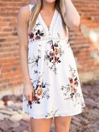Choies White V-neck Floral Print Sleeveless Chic Women Mini Dress