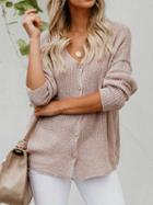 Choies Khaki V-neck Button Placket Front Long Sleeve Chic Women Knit Sweater