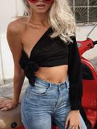 Choies Black Polyester One Shoulder Open Back Long Sleeve Chic Women Crop Top