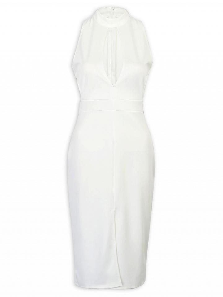 Choies White High Neck Plunge Cut Out Front Split Bodycon Dress