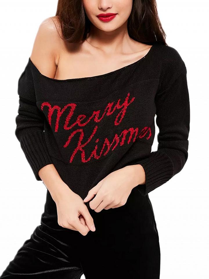 Choies Black Wide Neck Slogan Print Crop Sweater