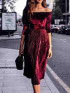 Choies Burgundy Velvet Off Shoulder Pleated Midi Dress