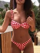 Choies Red Plaid Tie Front Women Bikini Top And High Waist Bottom