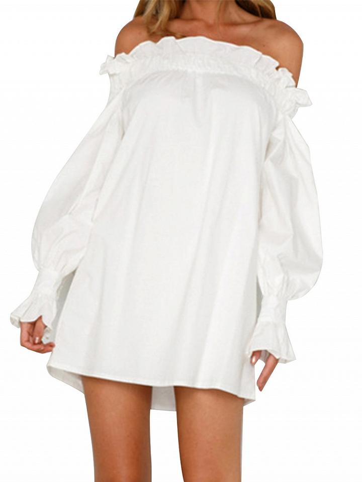 Choies White Off Shoulder Frill Trim Puff Sleeve Chic Women Mini Dress