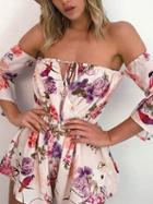 Choies Polychrome Off Shoulder Tie Front Flared Sleeve Romper Playsuit