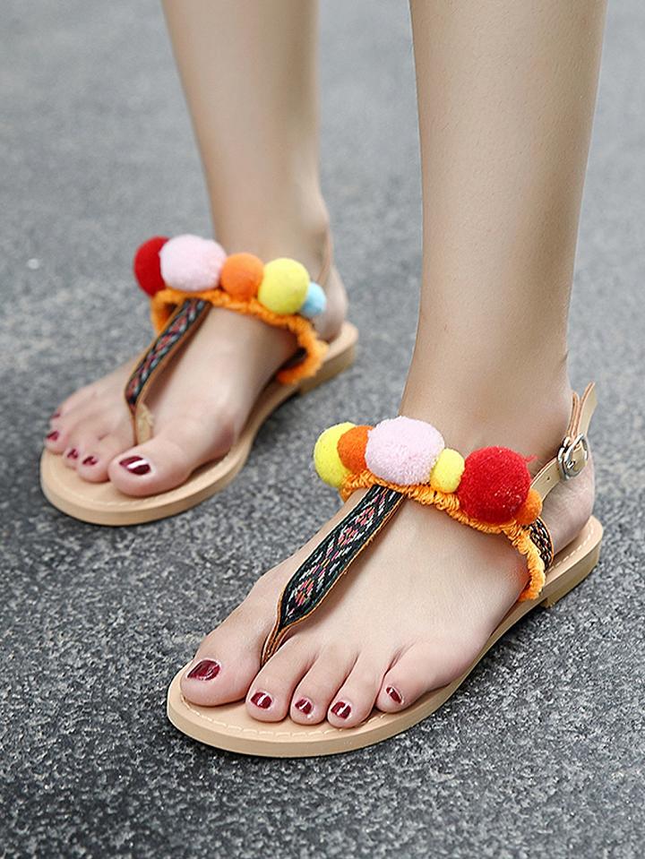Choies Polychrome Pom Poms Detail Flat Sandals