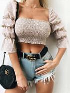 Choies Pink Square Neck Polka Dot Print Puff Sleeve Women Crop Top
