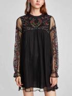 Choies Black Floral Embroidery Long Sleeve Mesh Mini Dress