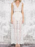 Choies White Plunge Sheer Lace Frill Open Back Sleeveless Maxi Dress