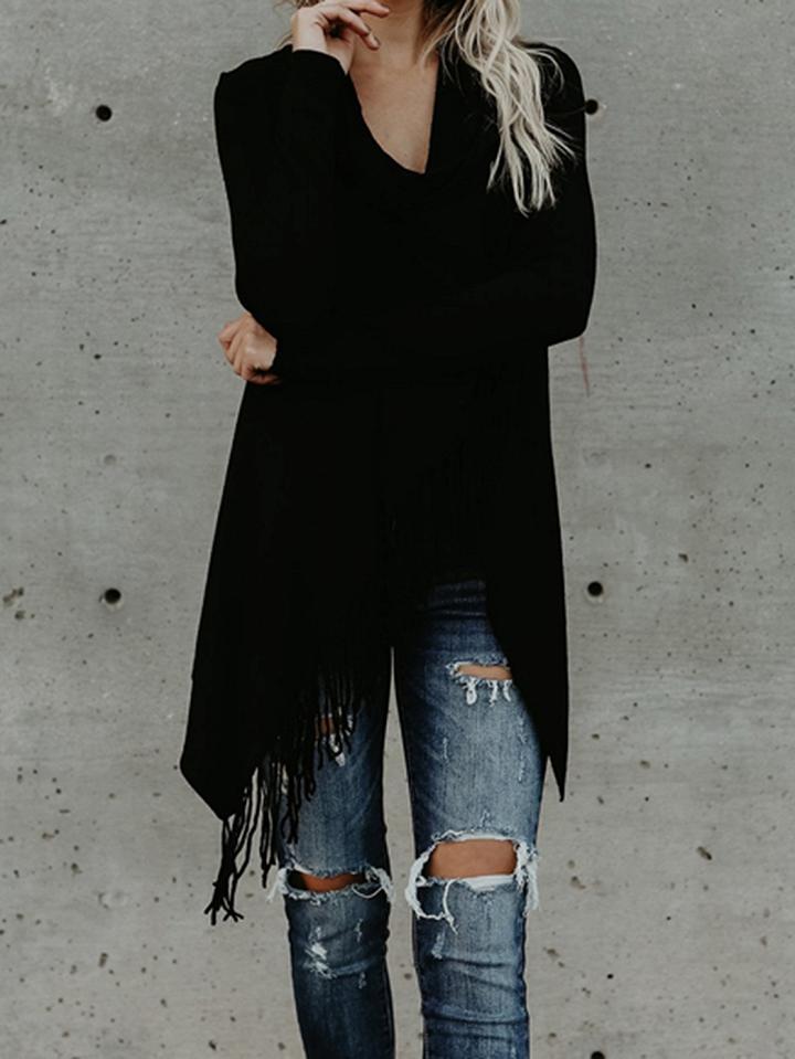 Choies Black Cotton Tassel Trim Long Sleeve Chic Women Cardigan