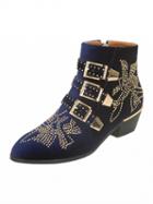 Choies Blue Velvet Pointed Stud Buckle Strap Ankle Boots