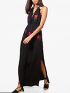 Choies Black Halter Plunge Neck Embroidery Rose Pom Pom Backless Maxi Dress