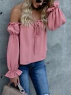 Choies Pink Off Shoulder Bow Tie Front Long Sleeve Blouse