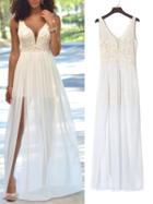 Choies White Plunge Sheer Tulle Panel Lace Backless Prom Dress