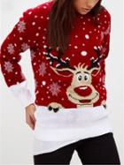Choies Red Christmas Deer Snowflake Pattern Long Sleeve Knit Sweater
