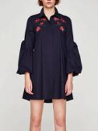 Choies Navy Shirt Collar Embroidery Floral Puff Sleeve Dress