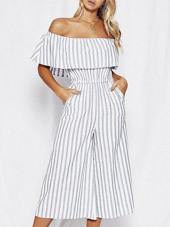 Choies White Stripe Off Shoulder Jumpsuit