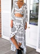 Choies White V-neck Folk Print Crop Top And High Waist Hi-lo Skirt