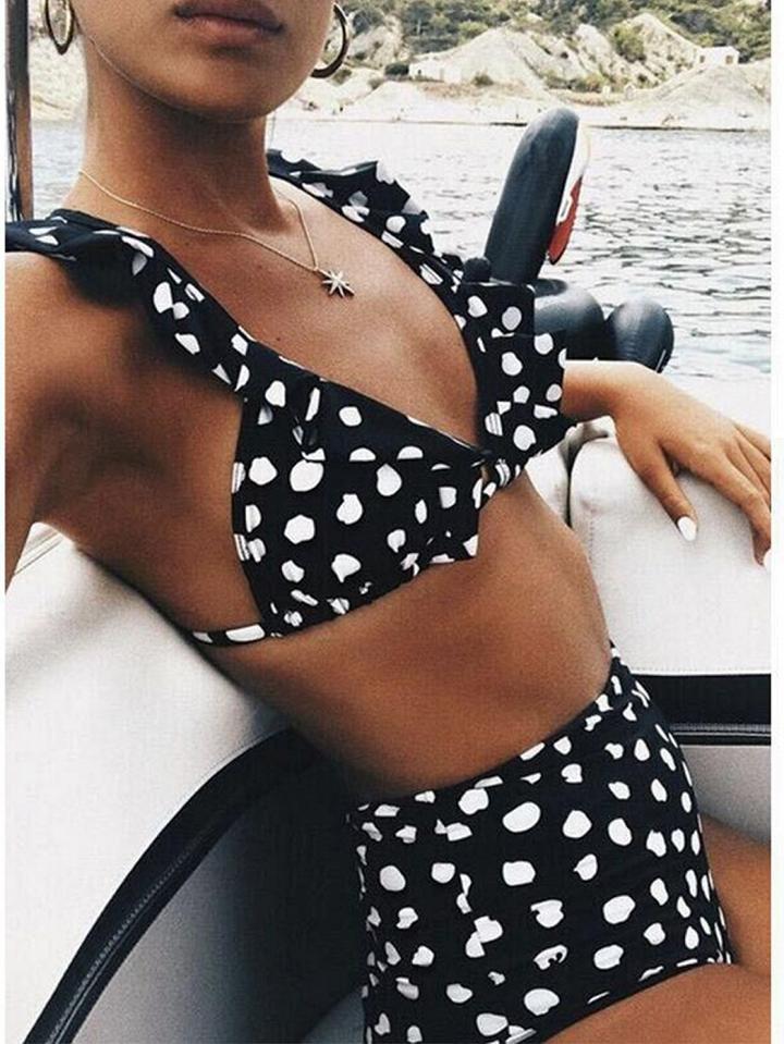 Choies Black Polka Dot Ruffle Trim Bikini Top And High Waist Bottom