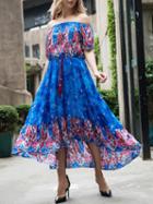 Choies Royal Blue Off Shoulder Tribal Print Hi-lo Maxi Dress