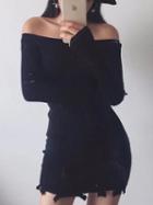 Choies Black Off Shoulder Ripped Long Sleeve Knitted Bodycon Mini Dress