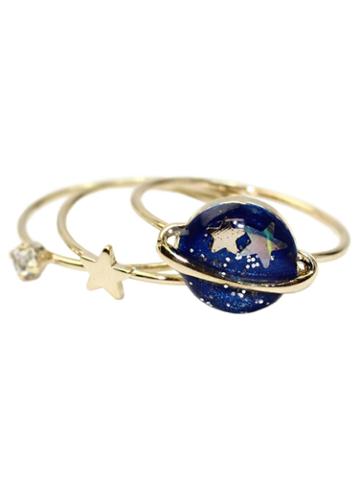 Choies Golden Faux Diamnd Star And Blue Planet Drop Ring Pack