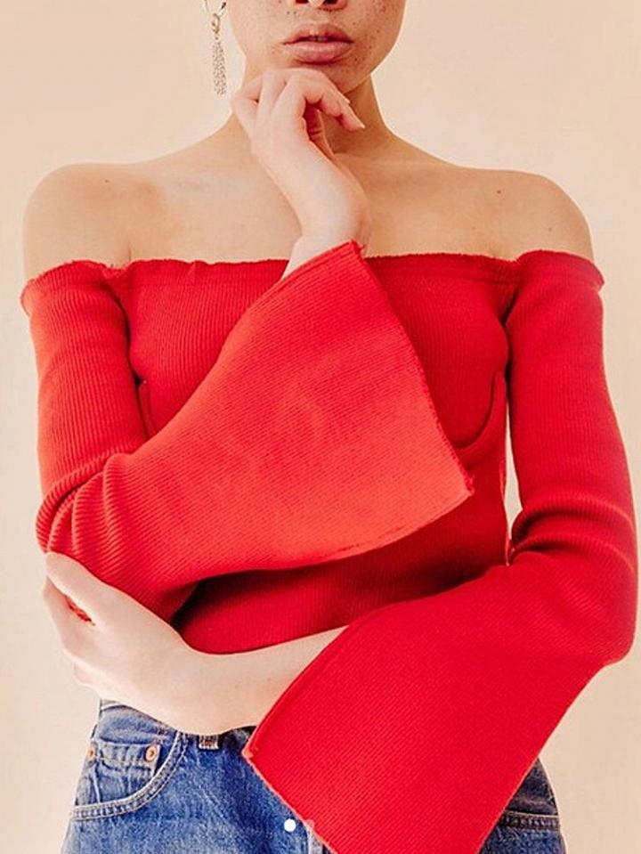 Choies Red Off Shoulder Split Flared Sleeve Cropped Ribbed T-shirt