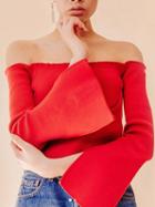 Choies Red Off Shoulder Split Flared Sleeve Cropped Ribbed T-shirt