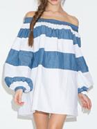 Choies Color Block Stripe Off Shoulder Puff Sleeve Shift Dress