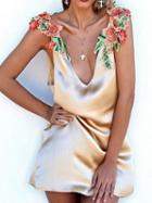 Choies Khaki V-neck Satin Look Embroidery Floral Mini Sleep Dress