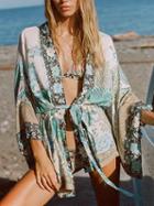 Choies Green Peacock Print Open Front Tie Waist Long Sleeve Cardigan