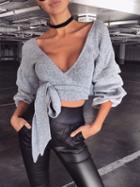 Choies Gray Plunge V-neck Tie Waist Puff Sleeve Cropped Knit Sweater