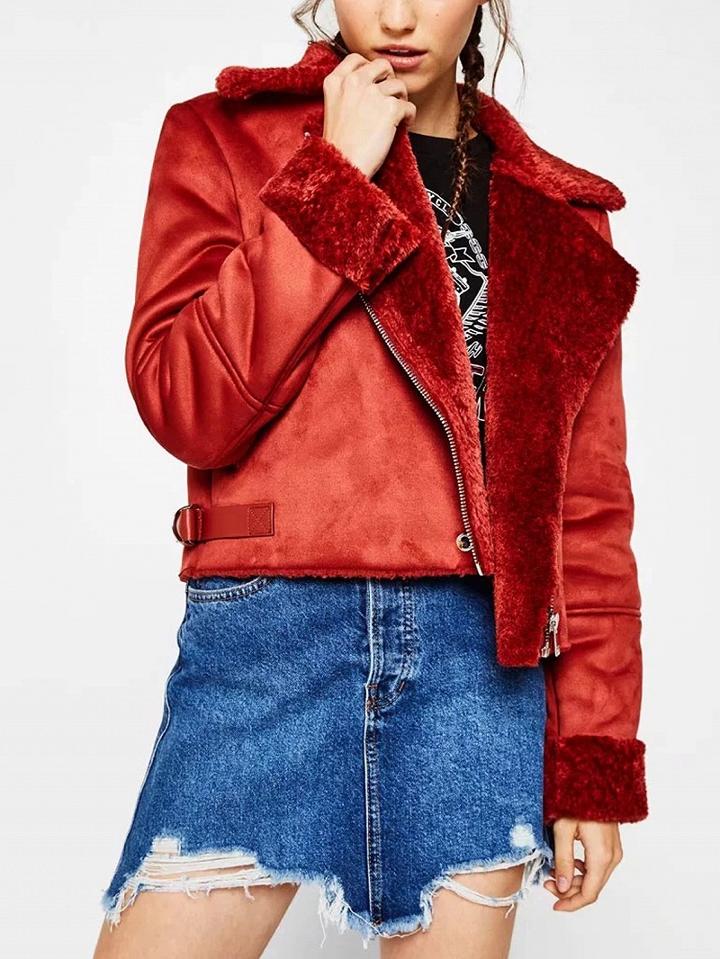 Choies Red Lapel Faux Shearling Lining Biker Jacket