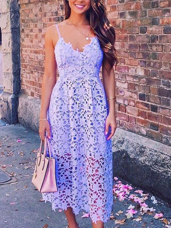 Choies Purple V-neck Cut Out Detail Chic Women Lace Cami Midi Dress