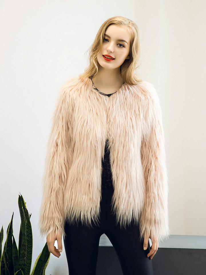 Choies Pink Collarless Faux Fur Coat