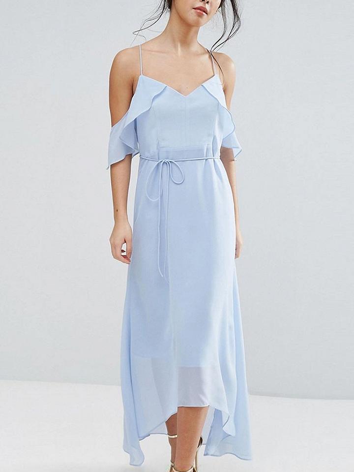 Choies Blue V-neck Cold Shoulder Ruffle Slim Strap Dipped Hem Maxi Dress