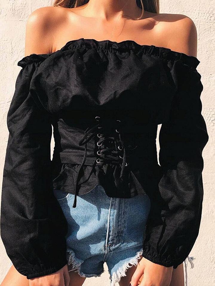 Choies Black Off Shoulder Corset Detail Long Sleeve Blouse