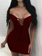 Choies Burgundy Off Shoulder Lace Up Ruched Bodycon Dress