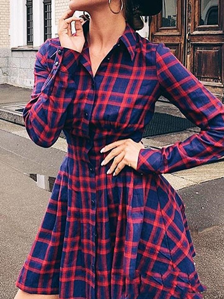 Choies Dark Blue Plaid Button Placket Front Long Sleeve Women Mini Dress