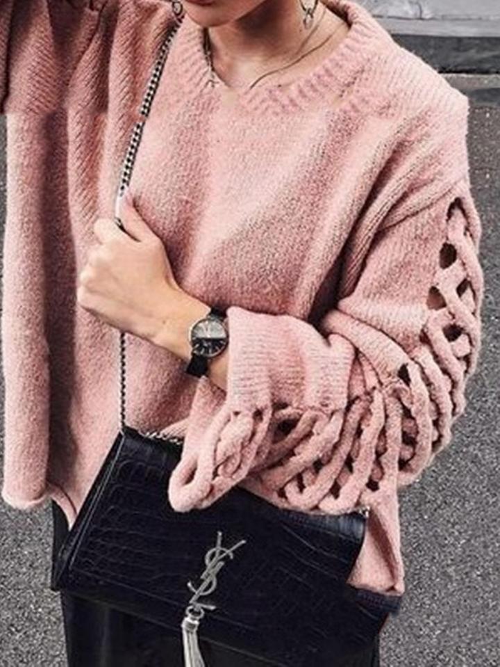 Choies Pink Cut Out Detail Long Sleeve Chic Women Knit Sweater