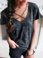 Choies Grayish Green Camo Cross Strap Front Short Sleeve T-shirt