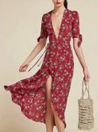 Choies Red Plunge Tie Waist Floral Print Midi Dress