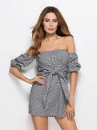 Choies Black Plaid Off Shoulder Knot Front Mini Dress