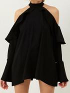 Choies Black Halter Cold Shoulder Ruffle Trim Long Sleeve Mini Dress