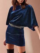Choies Navy Blue Velvet Off Shoulder Batwing Sleeve Mini Dress